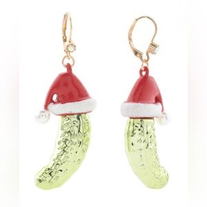 Betsey Johnson Holiday Pickle Earrings with Santa Hat, New